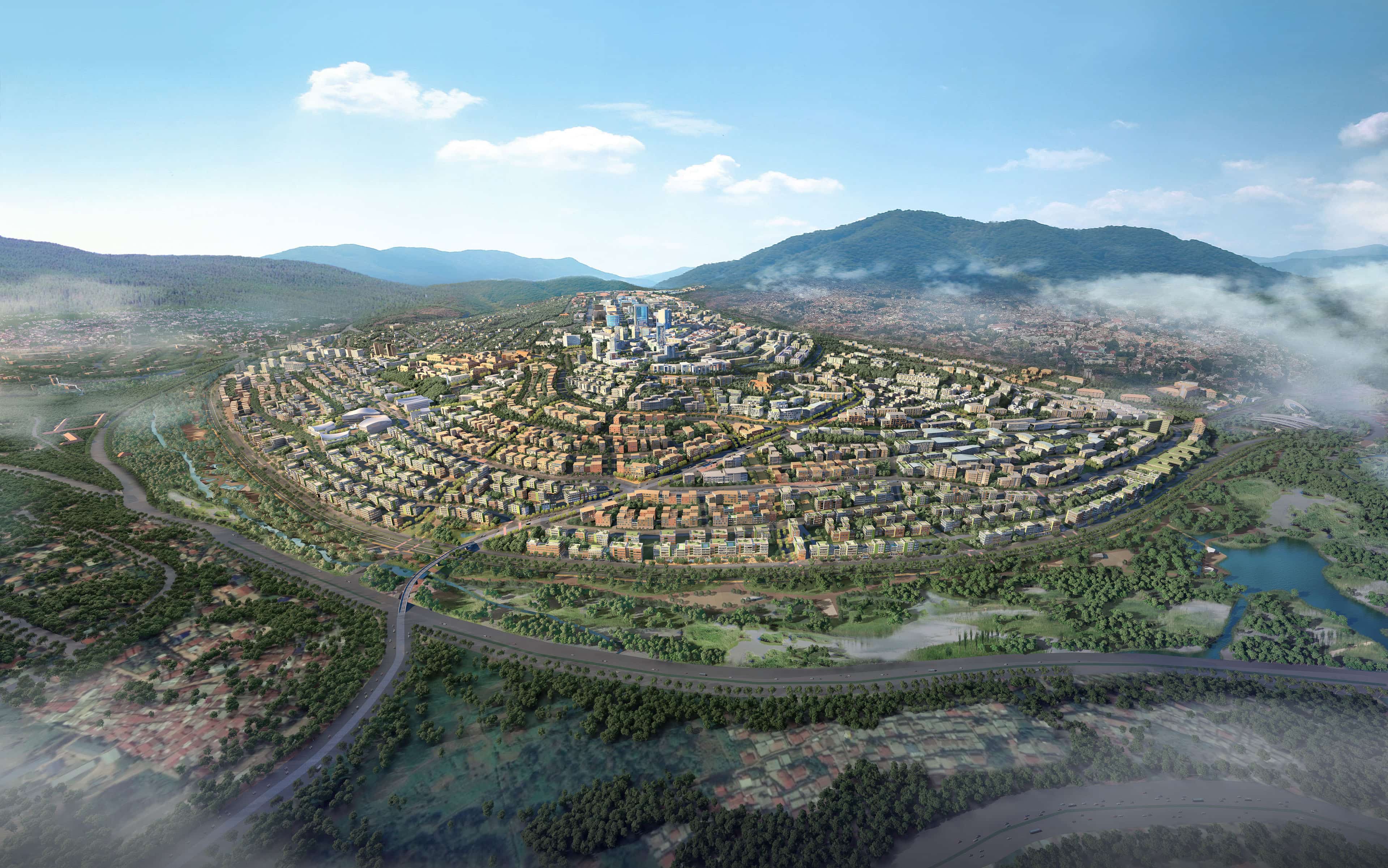 Masterplan aerial render from the Kigali City Master Plan review by Surbana Jurong and SMEC: compact hill-top development framed by protected valley wetlands and ridge-line road corridors.